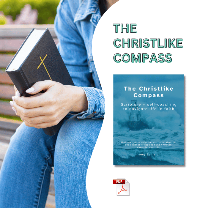 Mockup of The Christlike Compass ebook cover overlaying an image of a person sitting on a bench and holding a Bible. ebook for Christian women Christian personal development personal growth deepen faith how to apply Scripture to daily life Christian journaling questions self-coaching questions Christian reflection questions