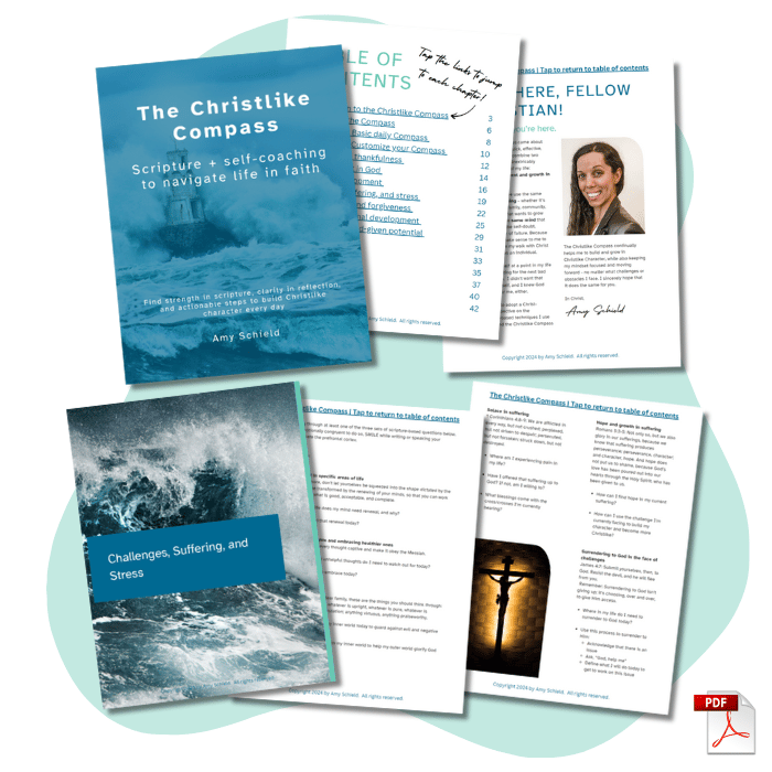 Graphic showing flatlay mockup of selected pages from the ebook. ebook for Christian women Christian personal development personal growth deepen faith how to apply Scripture to daily life Christian journaling questions self-coaching questions Christian reflection questions