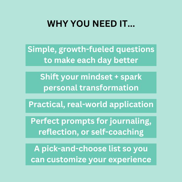 List of reasons to purchase the product. Struggling with clarity, direction, or personal growth? The Great Questions to Ask Every Day guide provides a simple, impactful tool to spark inspiration, trigger mindset shifts, and fuel your journey to a happier, more fulfilled life. Perfect for self-coaching, journaling, or daily reflection, these carefully-curated questions empower you to get unstuck and take actionable steps toward your goals