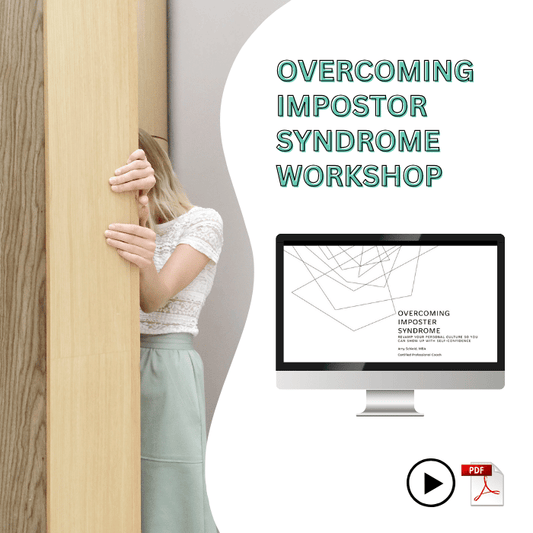 Revamp your personal culture and show up with self-confidence thanks to this on-demand workshop. Learn tips, ideas, and neuroscience-based strategies for how to to manage and overcome impostor syndrome. Mockup of presentation slide on computer screen overlaying image of woman hiding behind a wall.