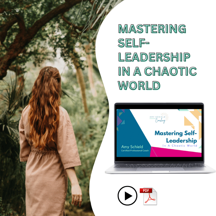 Mockup of workshop presentation slide on laptop screen overlaying image of woman facing into a jungle. Master self leadership mini workshop neuroscience based strategies stress uncertainty fear calm mindset clarity control stress