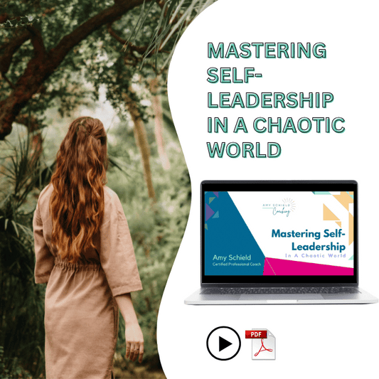 Mockup of workshop presentation slide on laptop screen overlaying image of woman facing into a jungle. Master self leadership mini workshop neuroscience based strategies stress uncertainty fear calm mindset clarity control stress