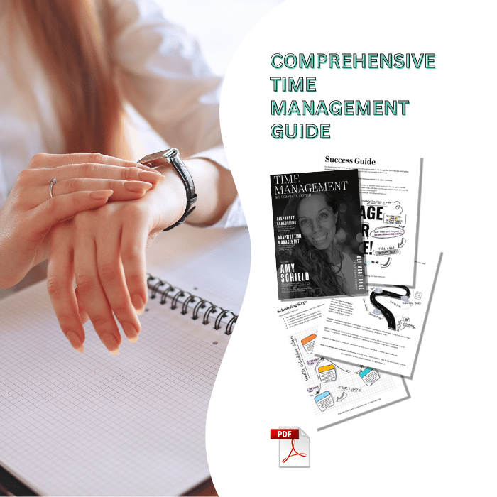 Time Management Guide Basic Steps Tips Strategies Comprehensive Time Management Guide Mockup with woman's hands checking watch over grid notebook