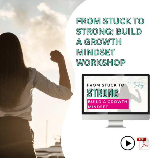 Cover image for the 'From Stuck to Strong' on-demand workshop, featuring neuroscience-backed strategies to develop a growth mindset for resilience and success. | Image of businesswoman with arm flexed, facing away from camera, with text overlay