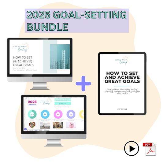 Set, pursue, + achieve your 2025 goals with this trio of digital resources. Includes on-demand workshop, PDF ebook and workbook, and goal tracking spreadsheet. Learn how to set and achieve great goals that feel good and align with your values, create a plan to achieve your goal, and discover neuroscience-based tools to manage your mindset and overcome common obstacles like overwhelm, self-doubt, fear of failure, procrastination, and low motivation.  Mockup of 3 digital goal-setting and tracking products.