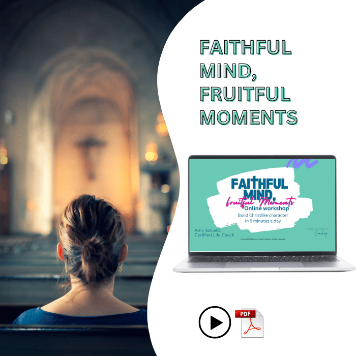 Faithful Mind Fruitful Moments On Demand Workshop For Christian Women Prayer Scripture Personal Development Mockup of the workshop title slide with lifestyle image of a woman sitting in Church spiritual growth deepen relationship with God
