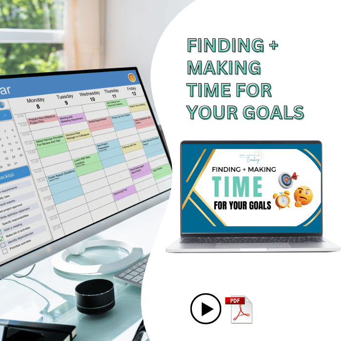 Image shows mockup of presentation slide for the "finding and making time for your goals" workshop on a laptop, overlaying a lifestyle image of a computer monitor showing a time-blocked calendar. Find time for your goals with this practical workshop! Learn mindset shifts, time management strategies, + practical tips to prioritize and achieve your goals.