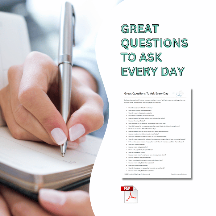 Mockup of the PDF download overlaying a lifestyle image of a manicured hand holding a pen to a notebook. Struggling with clarity, direction, or personal growth? The Great Questions to Ask Every Day guide provides a simple, impactful tool to spark inspiration, trigger mindset shifts, and fuel your journey to a happier, more fulfilled life. Perfect for self-coaching, journaling, or daily reflection, these carefully-curated questions empower you to get unstuck and take actionable steps toward your goals