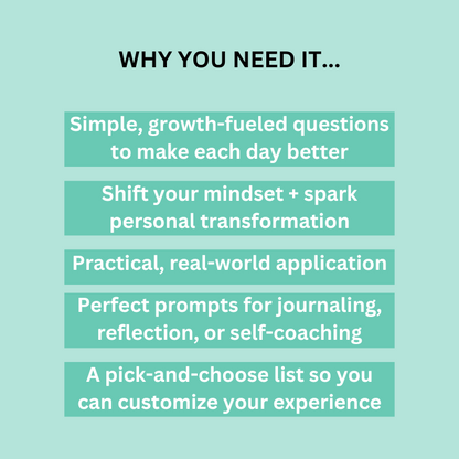 List of reasons to purchase the product. Struggling with clarity, direction, or personal growth? The Great Questions to Ask Every Day guide provides a simple, impactful tool to spark inspiration, trigger mindset shifts, and fuel your journey to a happier, more fulfilled life. Perfect for self-coaching, journaling, or daily reflection, these carefully-curated questions empower you to get unstuck and take actionable steps toward your goals