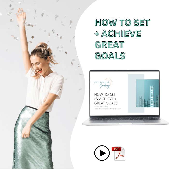 Mockup of workshop slide on laptop screen overlaying photo of woman celebrating with confetti. Struggle goals goal-setting How To Set And Achieve Great Goals on-demand Workshop guide effective goal-setting techniques mindset strategies accomplish ambitions practical neuroscience-based set meaningful goals align with values overcome common roadblocks overwhelm low motivation fear of failure.
