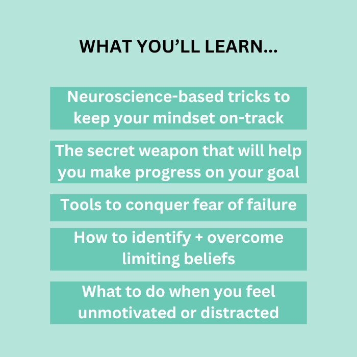 Graphic showing what you'll learn during the workshop. Struggle goals goal-setting How To Set And Achieve Great Goals on-demand Workshop guide effective goal-setting techniques mindset strategies accomplish ambitions practical neuroscience-based set meaningful goals align with values overcome common roadblocks overwhelm low motivation fear of failure.