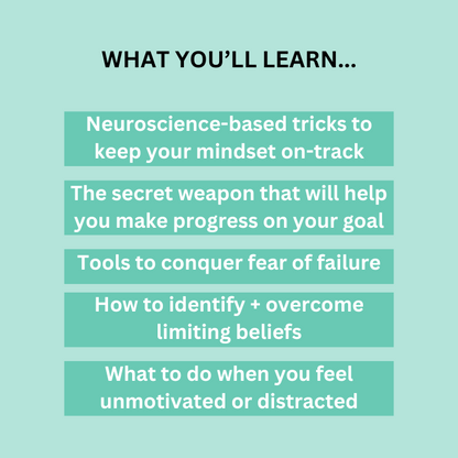 Graphic showing what you'll learn during the workshop. Struggle goals goal-setting How To Set And Achieve Great Goals on-demand Workshop guide effective goal-setting techniques mindset strategies accomplish ambitions practical neuroscience-based set meaningful goals align with values overcome common roadblocks overwhelm low motivation fear of failure.