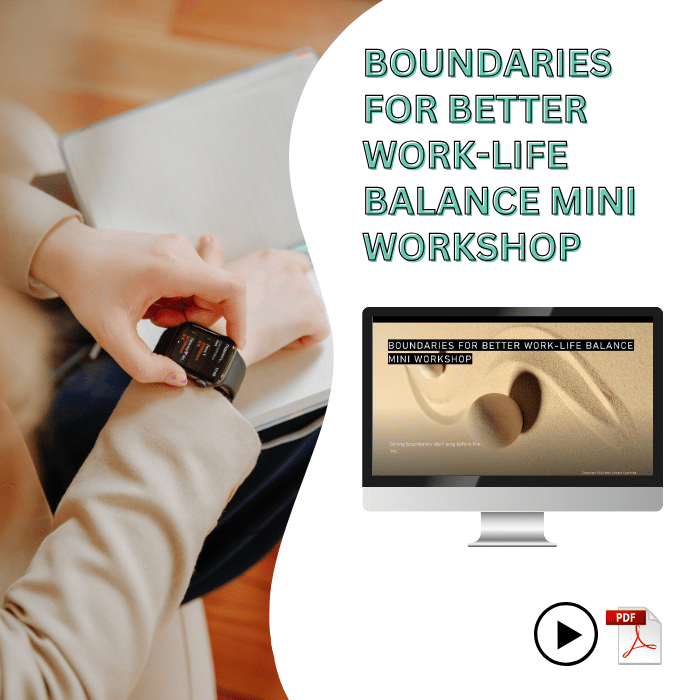 Discover the skills to set and enforce strong boundaries to regain control of your work-life balance. Assess how boundaries could benefit you. Start saying no! Mockup of presentation slide overlaid on lifestyle image of woman looking at a smart watch.
