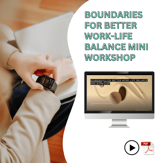 Discover the skills to set and enforce strong boundaries to regain control of your work-life balance. Assess how boundaries could benefit you. Start saying no! Mockup of presentation slide overlaid on lifestyle image of woman looking at a smart watch.
