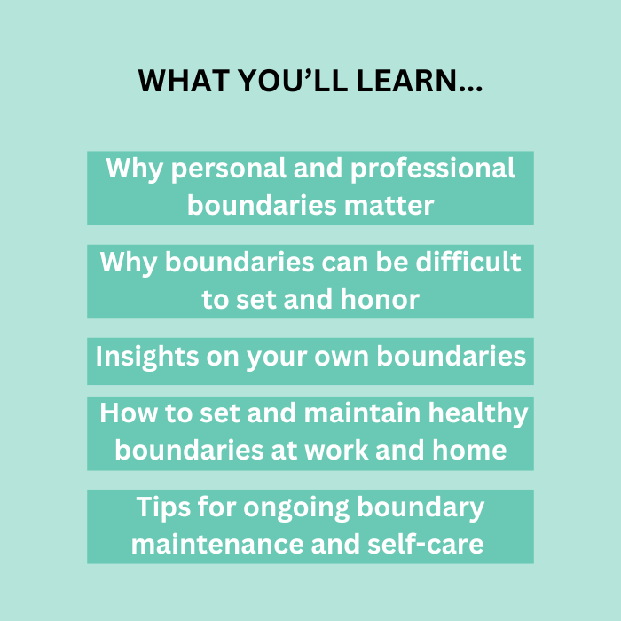 Discover the skills to set and enforce strong boundaries to regain control of your work-life balance. Assess how boundaries could benefit you. Start saying no! Mockup of presentation slide overlaid on lifestyle image of woman looking at a smart watch.