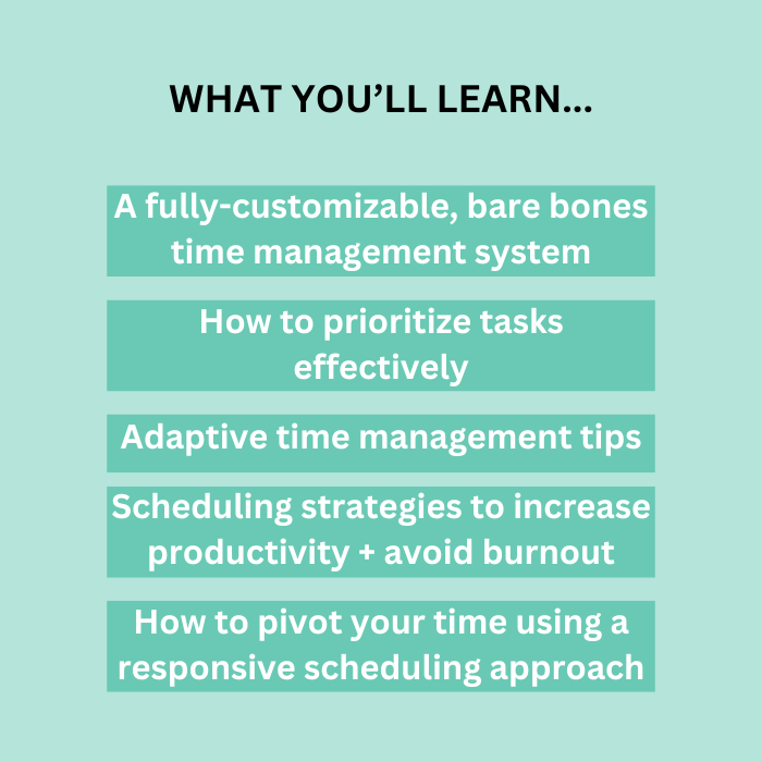 Time Management Guide Basic Steps Tips Strategies Graphic showing what you'll learn from the Comprehensive Time Management Guide